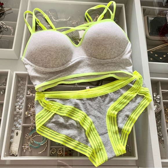 VS Heather Grey Neon Yellow Green Strappy Push-Up Padded Bralette Panty Set - Picture 1 of 14